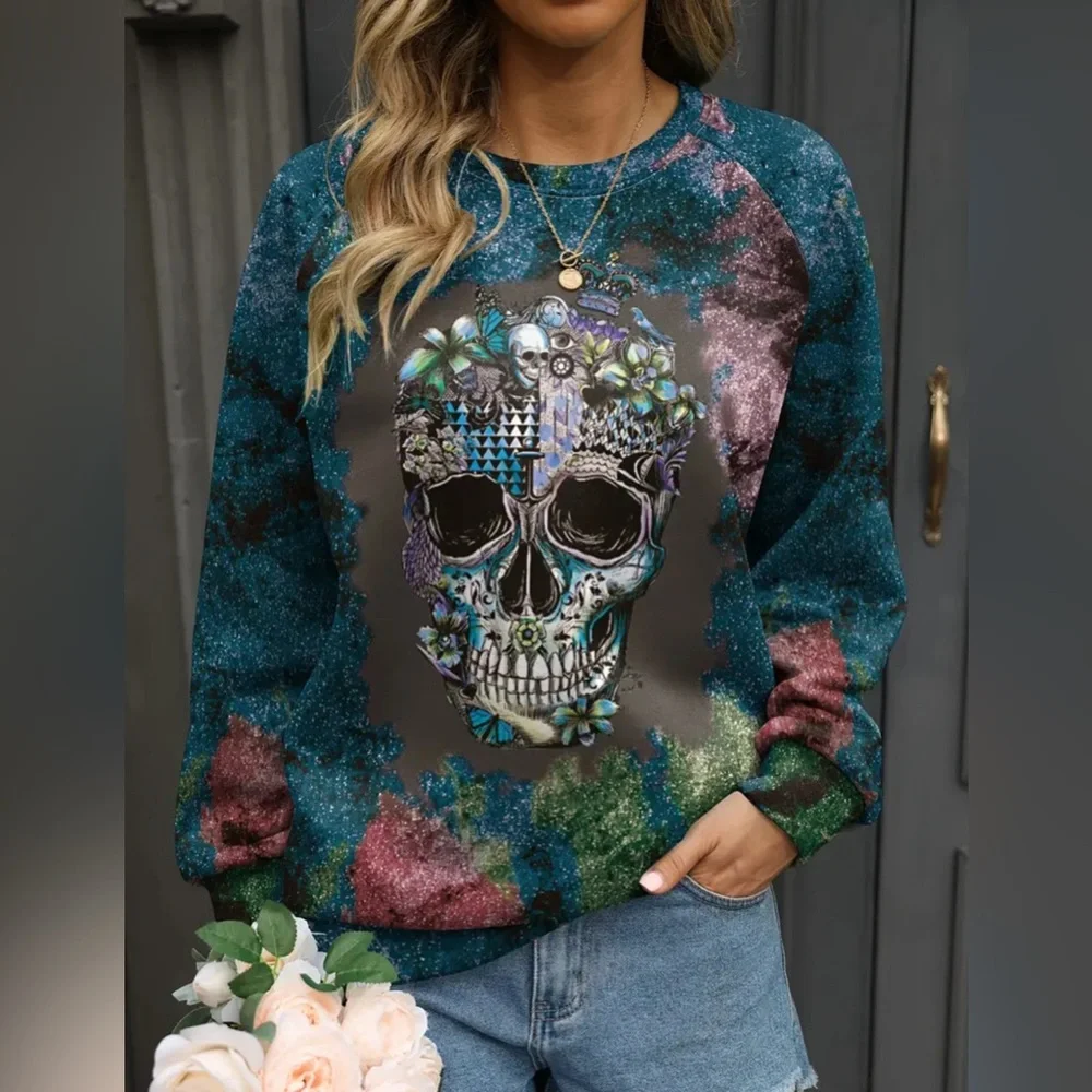 NWOT Plus Size Women’s Long Sleeve Lightweight Halloween Sugar Skull Sweatshirt - Picture 4 of 15